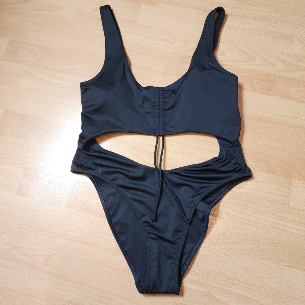 PINK Victoria's Secret Ruched Front Cutout One Piece‎ Swimsuit Black XL New - Picture 11 of 15